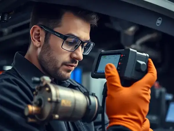 Technician using diagnostic equipment on catalytic converter