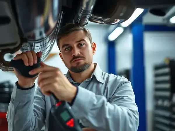 Certified exhaust technician inspecting vehicle