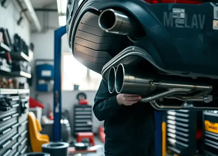 Professional exhaust repair shop with technician working on car