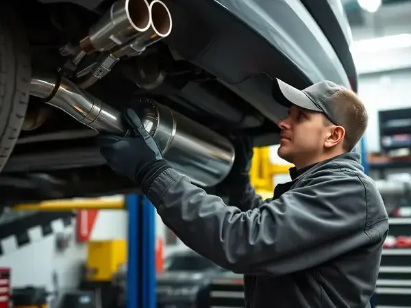 Technician installing new muffler on vehicle